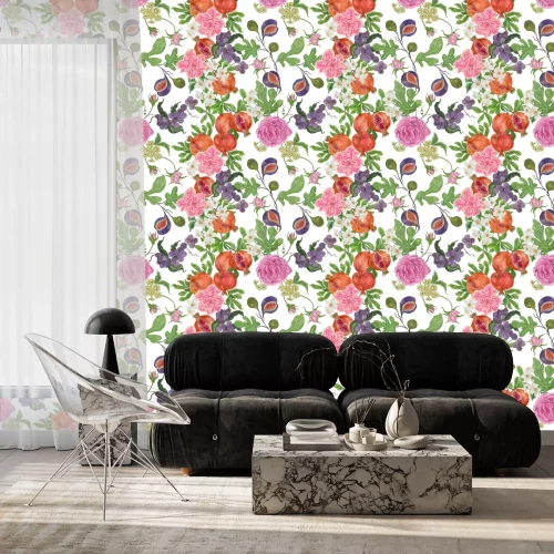 Tapete Komposition aus Obst und Blumen