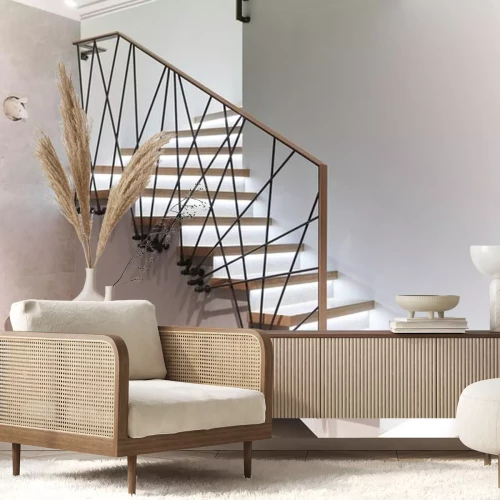 Sticker Stairs to the top. Design stairs made of metal and wood. backed up. Metal railing in black