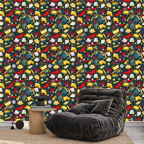 Tapete Tractor, truck car, big worker machine seamless pattern, flat vector illustration. Mechanical engineering, machinery, transporter. Wrapping design paper, packaging, banner for harvest technics.