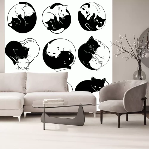 Sticker Set of  yin yang cats. Collection of simple and cute black and white cats in the shape of yin yang. Vector illustration for the children. Tattoo.