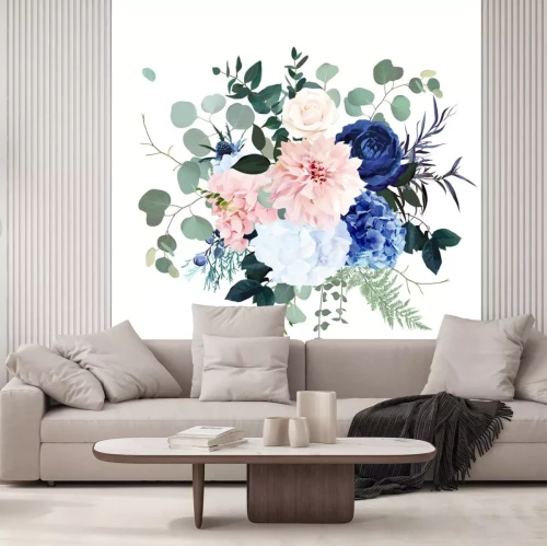 Sticker Classic blue rose, pink hydrangea, ranunculus, dahlia, thistle flowers, emerald greenery
