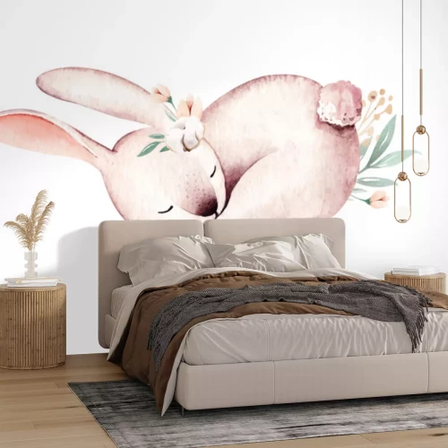 Sticker Schlafender Aquarell-Hase auf weißem Hintergrund