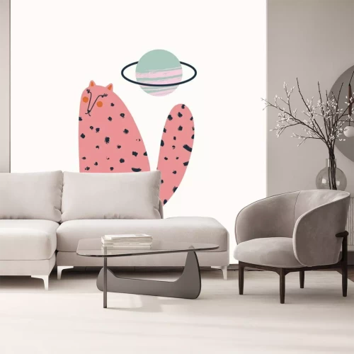 Sticker Cute pink cat and Saturn illustration in vector. Cartoon doodle style. Space animal concept.