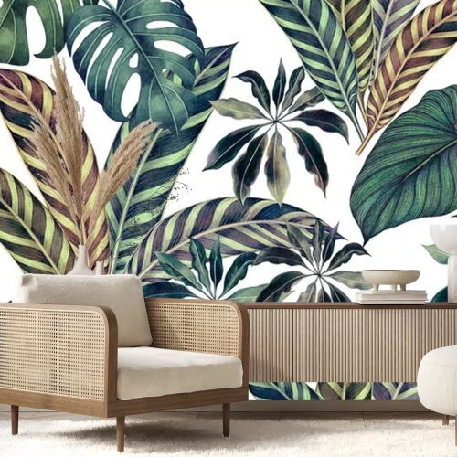 Sticker Watercolor painting colorful tropical leaf,green leave seamless pattern background.Watercolor hand drawn illustration tropical exotic leaf prints for wallpaper,textile Hawaii aloha summer style..