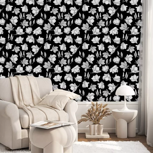 Tapete seamless pattern in monochrome gray, with magnolia flowers, wallpaper ornament, wrapping paper