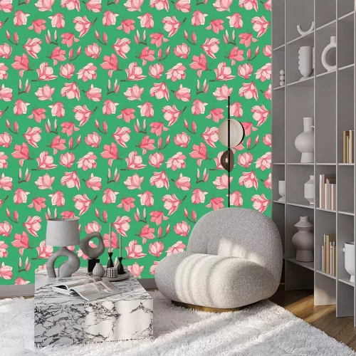 Tapete seamless pattern in bright colors, with magnolia flowers, wallpaper ornament, wrapping paper