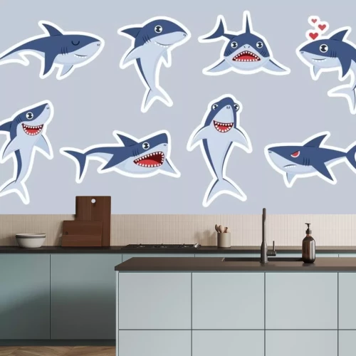 Sticker Fische Ozean Blauer Hai in verschiedenen Posen
