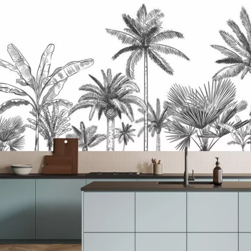 Fototapete Seamless horizontal tropical background. Hand drawn palm trees, sketch exotic tropic jungle leaves and paradise palm tree vector wallpaper illustration. Exotic palm tree botanical, rainforest foliage