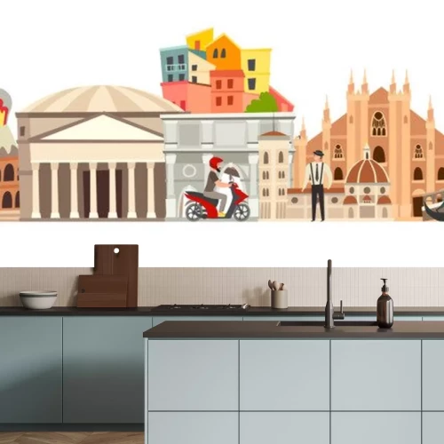 Sticker Italy skyline colorful background. Famous Italy building. Italy hand drawn vector illustration. Italian travel landmarks/attraction. Vector illustration isolated on white background