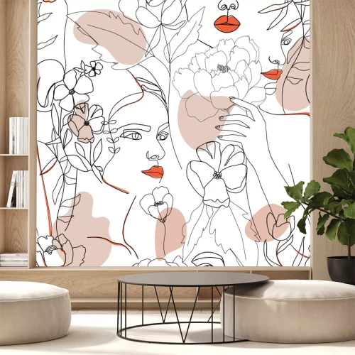 Sticker Line Art Gesichter inmitten von Blumen