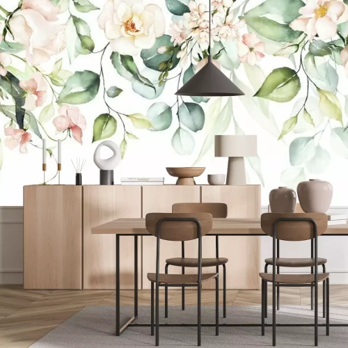 Fototapete Watercolor seamless border - illustration with bright pink vivid flowers, green leaves, for wedding stationary, greetings, wallpapers, fashion, backgrounds, textures, DIY, wrappers, cards.