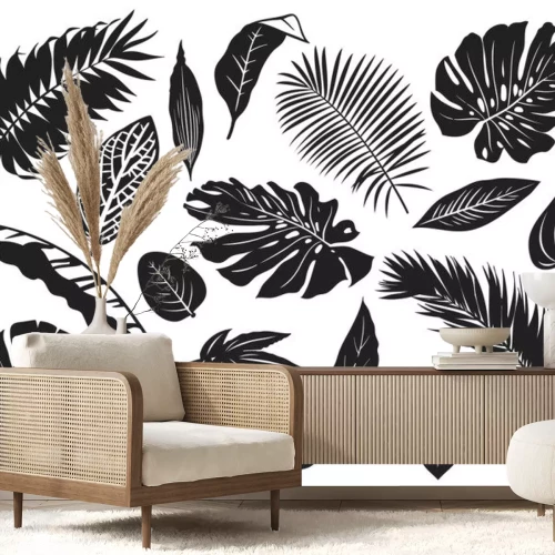 Sticker Schwarz-weiße Blätter von verschiedenen Pflanzenarten