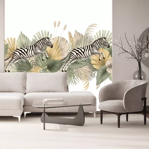 Sticker Vintage tropical palm leaves, zebra animal floral seamless border white background. Exotic safari wallpaper.