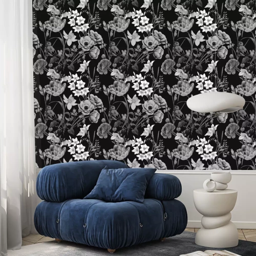 Tapete Beautiful vector floral summer seamless pattern with watercolor flowers. Black and white monochrome stock illustration.