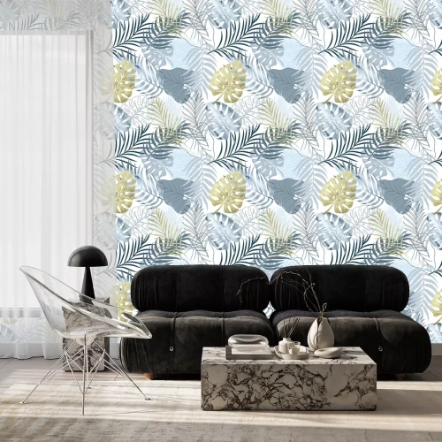 Tapete Vector seamless pattern blue watercolor and gold texture palm exotics and monstera leaves. Vector modern illustration. Colored endless background.