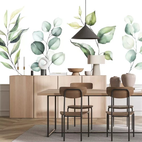 Fototapete Pflanzenzweige mit grünen Blättern auf weißem Hintergrund