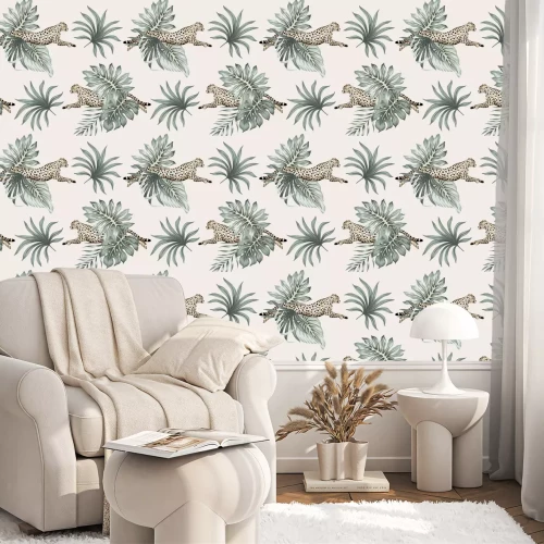 Tapete Vintage tropical palm leaves, cheetah running wildlife animal floral seamless pattern ivory background. Exotic jungle wallpaper.