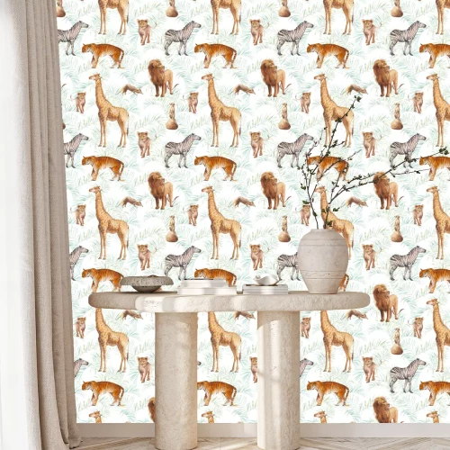 Tapete Safaritiere und Palmblätter