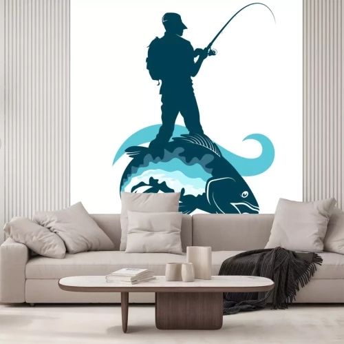 Sticker Fische Angler mit Rucksack auf Fisch stehend