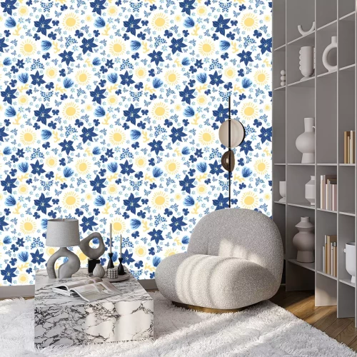 Tapete Blue flowers, butterflies and yellow suns seamless vector pattern on a white background. Decorative summertime surface print design. For fabrics, greeting cards, wrapping paper, and packaging.