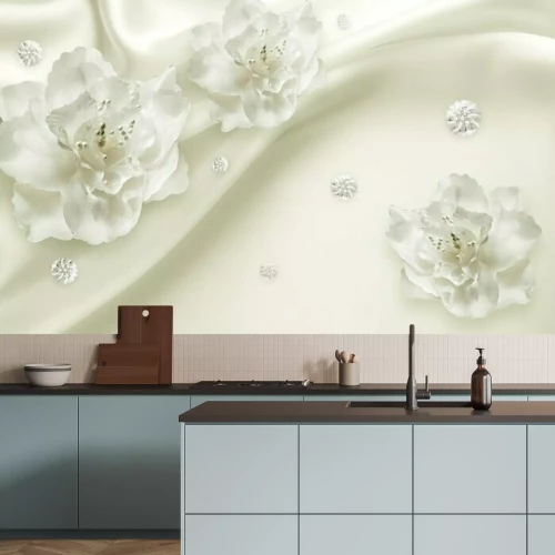 Sticker 3d weiße Blumen auf einem cremefarbenen Hintergrund