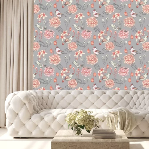 Tapete Orientalischer Stil mit Blumen und Vögeln in Rottönen