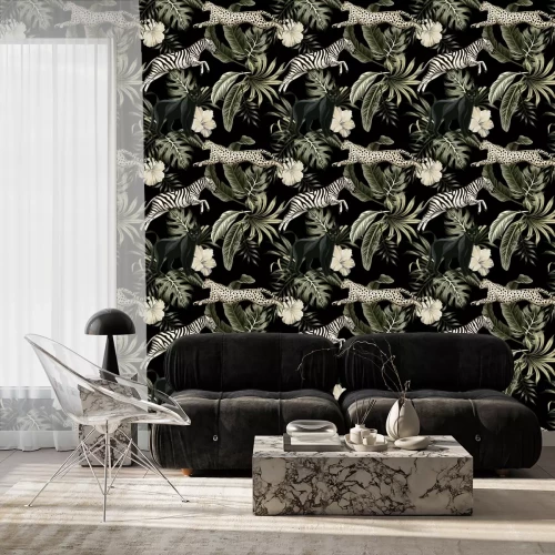Tapete Vintage tropical floral leaves , hibiscus flower, black panther, zebra, cheetah running wildlife animal floral seamless pattern black background. Exotic safari night wallpaper.