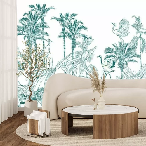 Fototapete Seamless Border Animals in Tropical Forest with Banana Palms Blue on White background, Lithography Jungle Wallpaper Mural, Wildlife High End Back Drop Heron, Crane, Tiger, Leopard in Exotic Plants