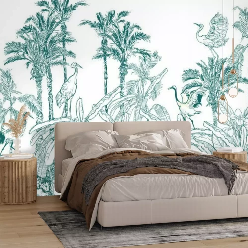 Sticker Seamless Border Animals in Tropical Forest with Banana Palms Blue on White background, Lithography Jungle Wallpaper Mural, Wildlife High End Back Drop Heron, Crane, Tiger, Leopard in Exotic Plants