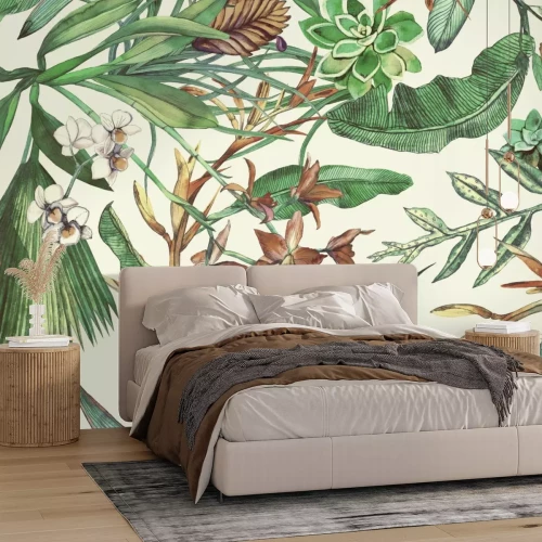 Fototapete Tropische Blätter mit Orchideenblüten