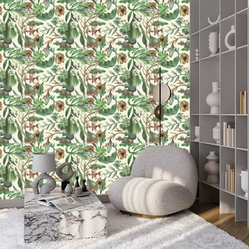 Tapete Tropische Blätter mit Orchideenblüten