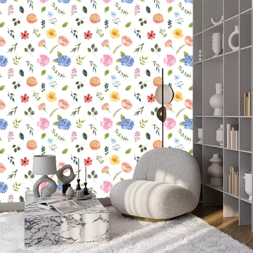 Tapete Elemente von Blumen und Blättern auf weißem Hintergrund