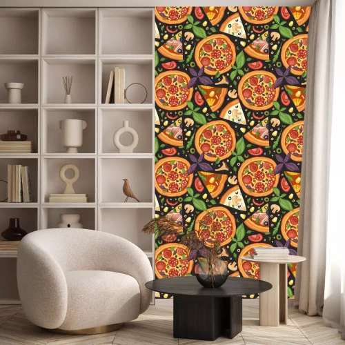 Tapete Pizza im Ganzen und in Stücken mit Basilikum