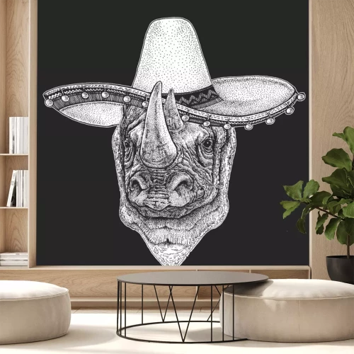 Sticker Rhinoceros, rhino portrait. Sombrero is traditional mexican hat. Mexico. Head of wild animal.