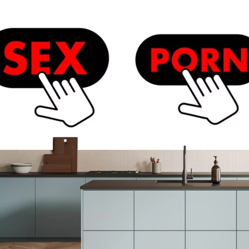 Sticker User is using computer and internet fot visiting website and webpage with pornography, porn and pornographic sexual content.. Cursor is clicking on the button with text. Vector illustration.