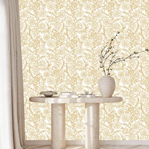 Tapete Floral pattern. Chamomiles. Seamless pattern gold outline on a white background