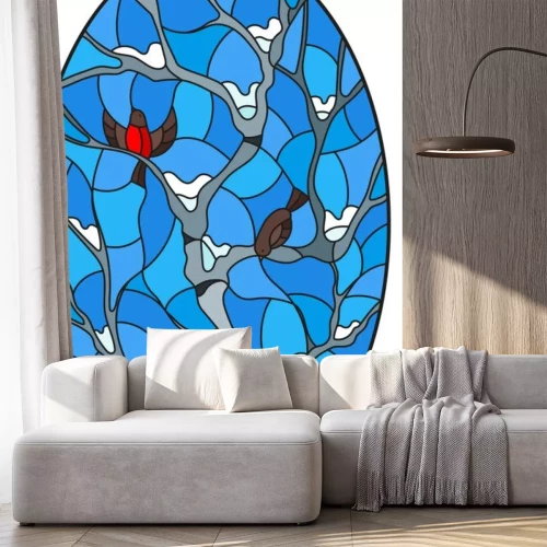 Sticker Illustration in stained glass style with bullfinches on branches of a birch tree against the sky and snow, oval image