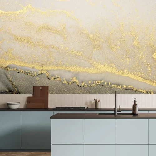 Sticker Abstract paint gold and black blots horizontal background. Alcohol ink colors. Marble texture.