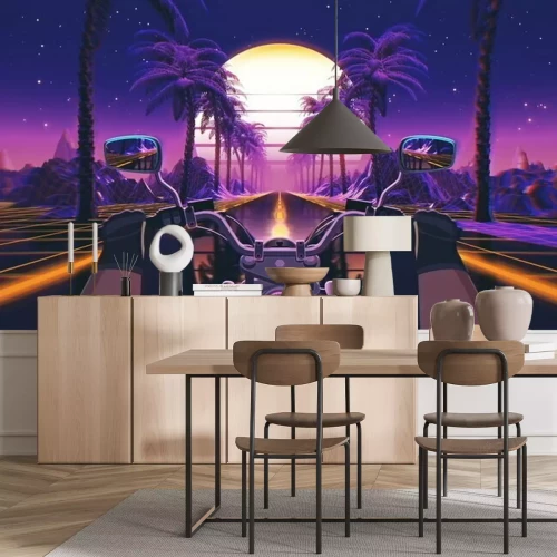 Fototapete 80s retro futuristic sci-fi background with motorcycle pov. Riding in retrowave VJ videogame landscape, neon lights and low poly grid. Stylized biker vintage vaporwave 3D animation background. 4K