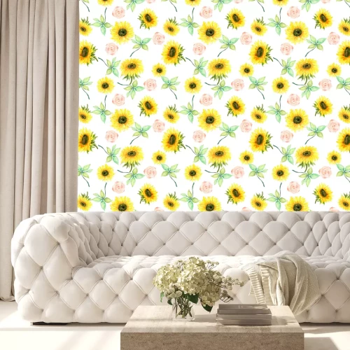 Tapete Watercolor botanical sunflower wild garden  foliage leaves Floral background for textiles Liberty sweet style fabric, covers, manufacturing, wallpapers, print, gift wrap