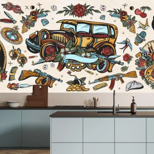 Sticker Gangsters Old school tattoo collection. Crime boss plays saxophone, retro car, robbers, bandits weapons, croupier pin up girl, casino, cabaret. Noir criminal movie art. Traditional tattooing style