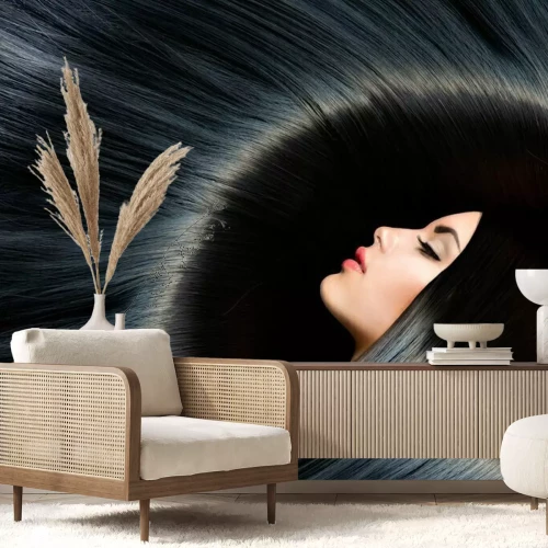 Fototapete Gesicht einer brünetten Frau mit glänzendem Haar