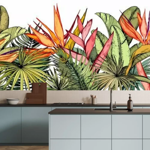 Sticker Seamless border with tropical palm leaves, exotic heliconia and strelitzia flowers.