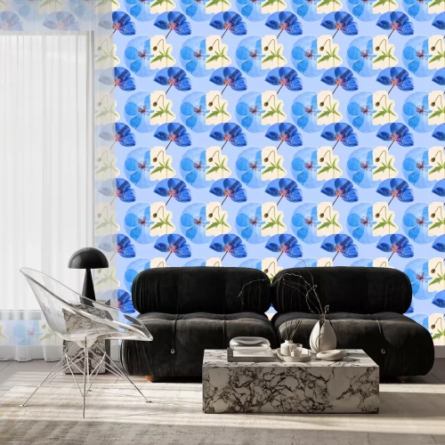 Tapete Blaue Mohnblumen
