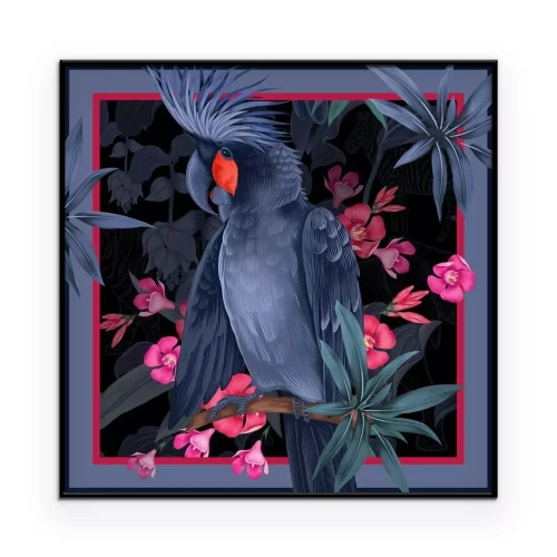 Poster Marineblauer Papagei und rosa Blüten