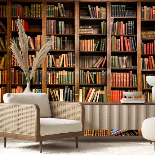 Fototapete Books on Shelves in Library with Classic Dark Wood