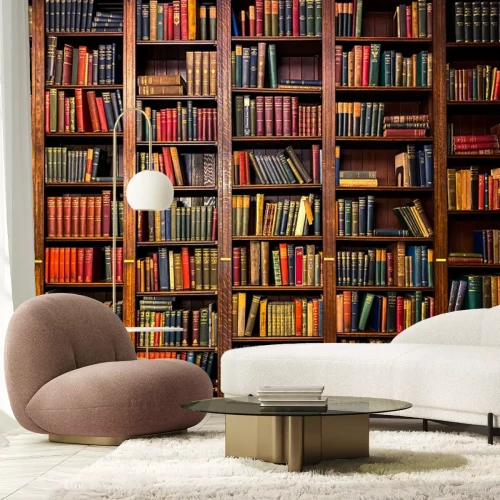 Fototapete Books on Shelves in Library with Classic Dark Wood