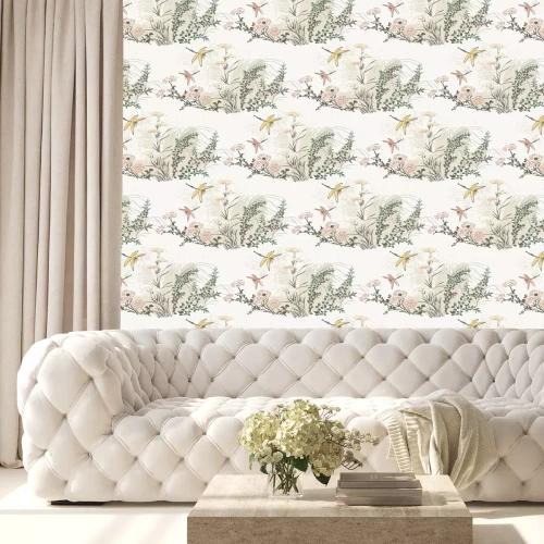 Tapete Wiese mit Blumen und Libellen