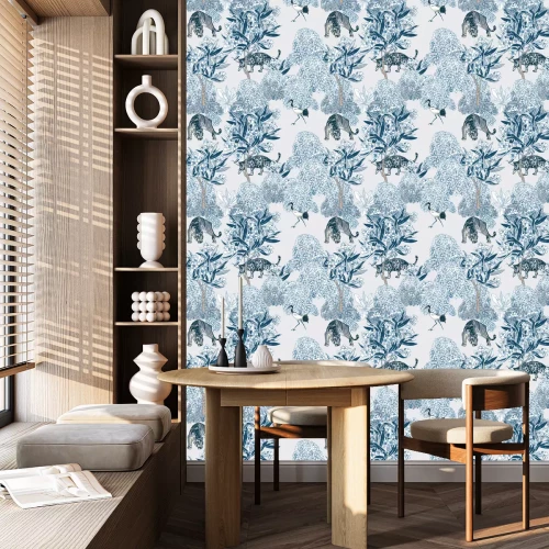 Tapete Blaue Pflanzen und Tiere im orientalischen Stil