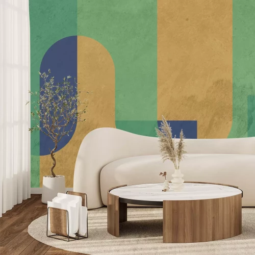 Fototapete Geometrische Blöcke in Grün- und Gelbtönen mit Betontextureffekt